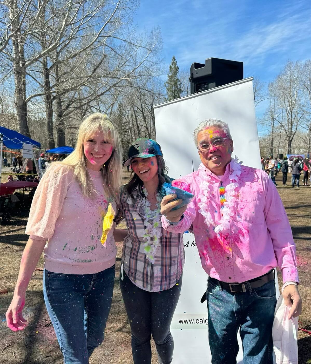 Councillors Wyness, Sharp, and Wong celebrating Holi in Bowness Park