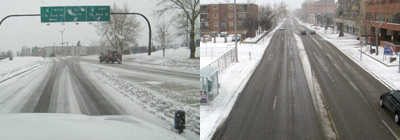 Before and after photo of anti-iced roadway