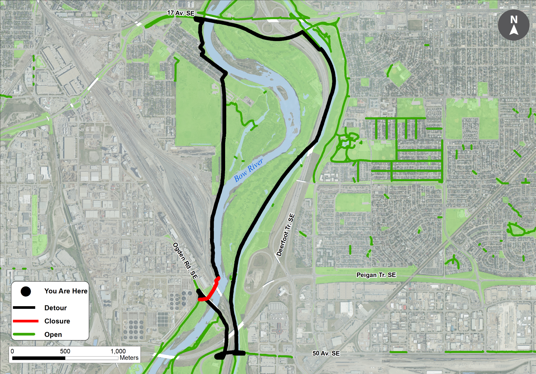 Pathway closure map Ogden bow river