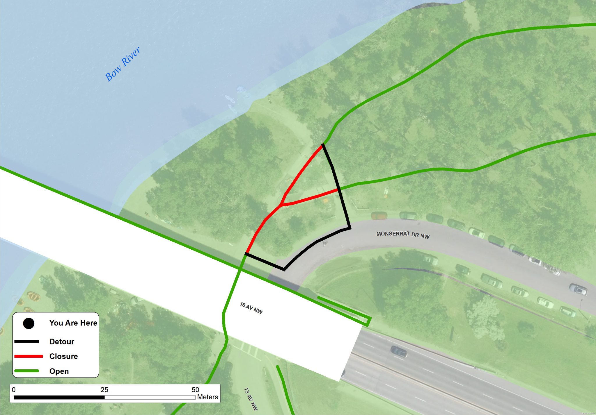 Pathway closure map Ogden bow river