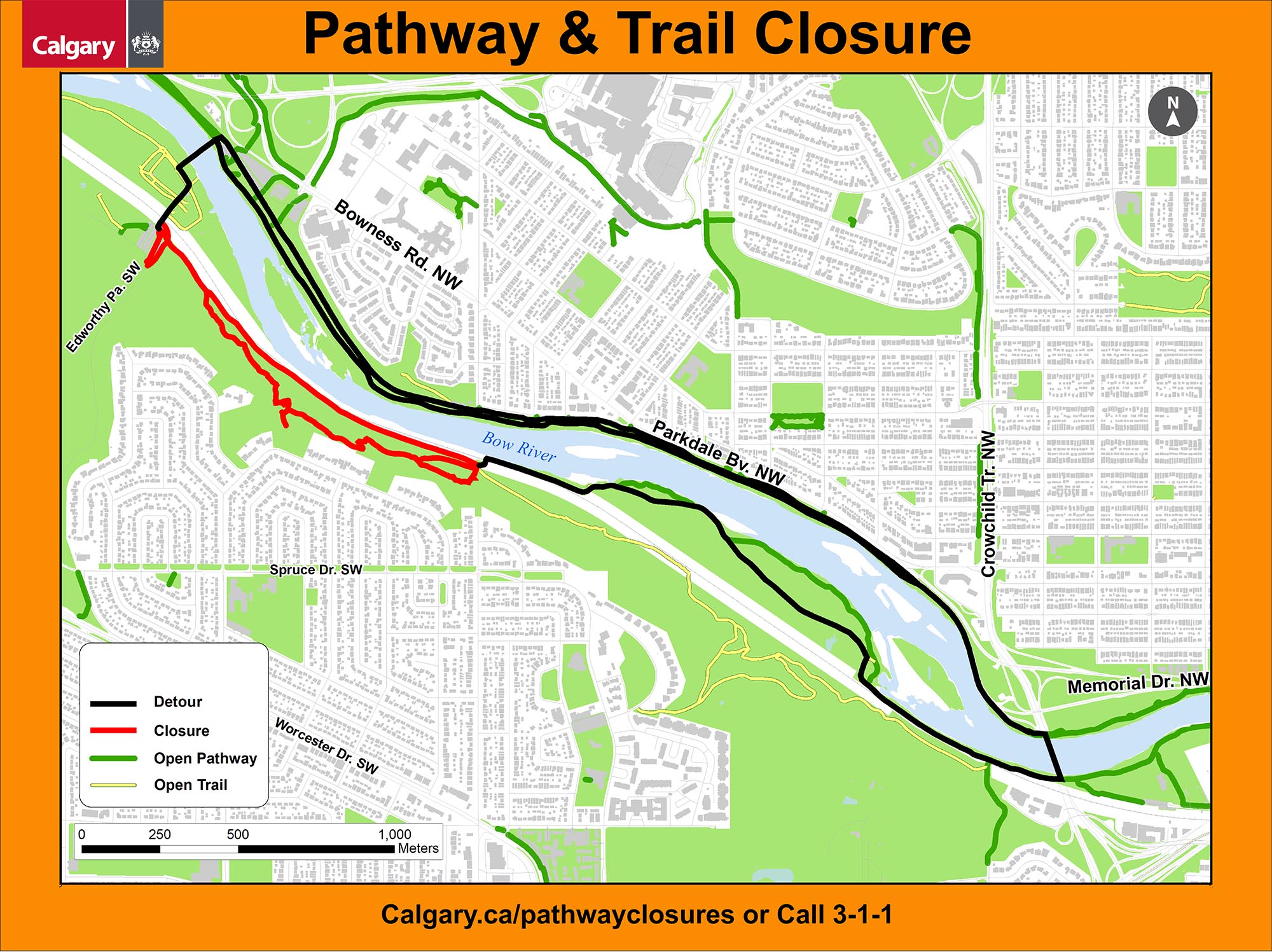 Pathway closure map Ogden bow river