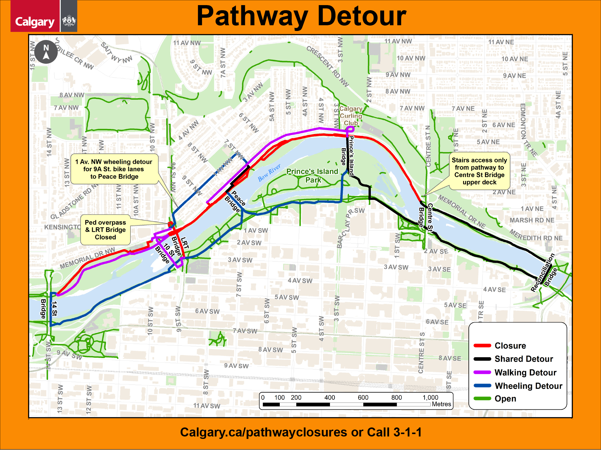 Pathway closure map Ogden bow river