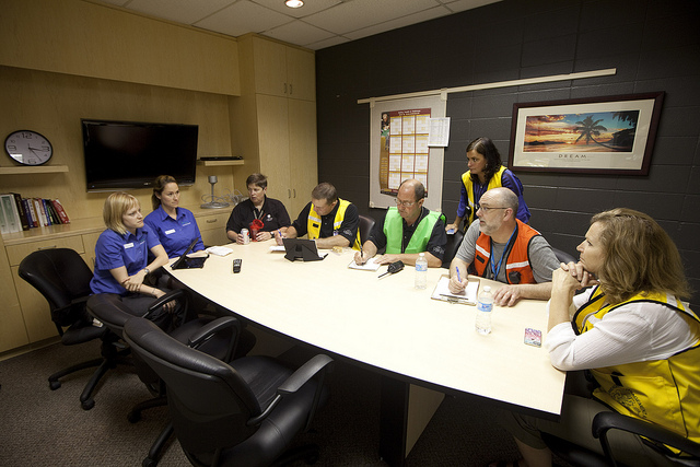 City employees discussing action plan during a flood event