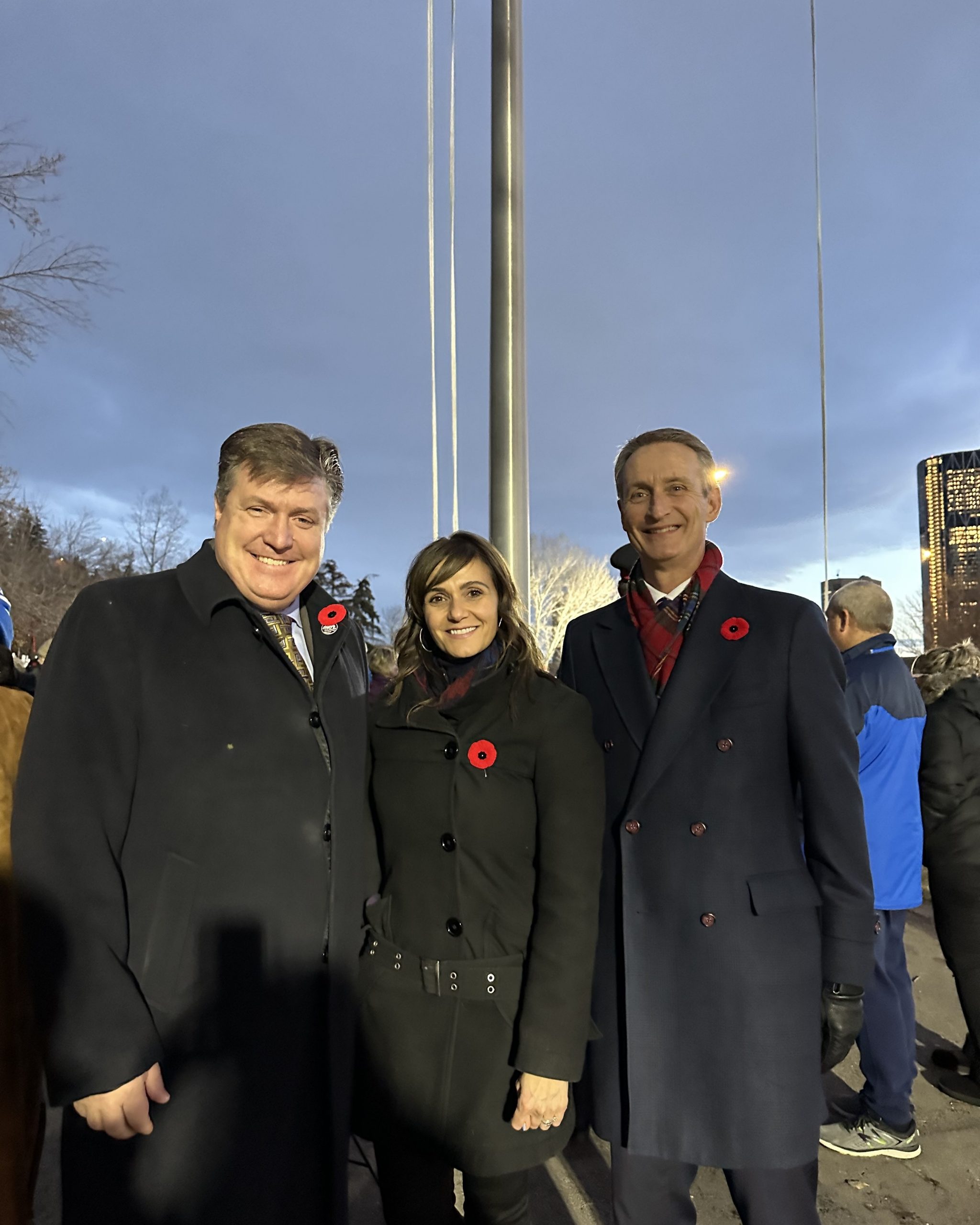 MP for Calgary-Rocky Ridge Pat Kelly, Councillor Sonya Sharp, and MP for Calgary-Centre Greg McLean at Remembrance Day ceremony