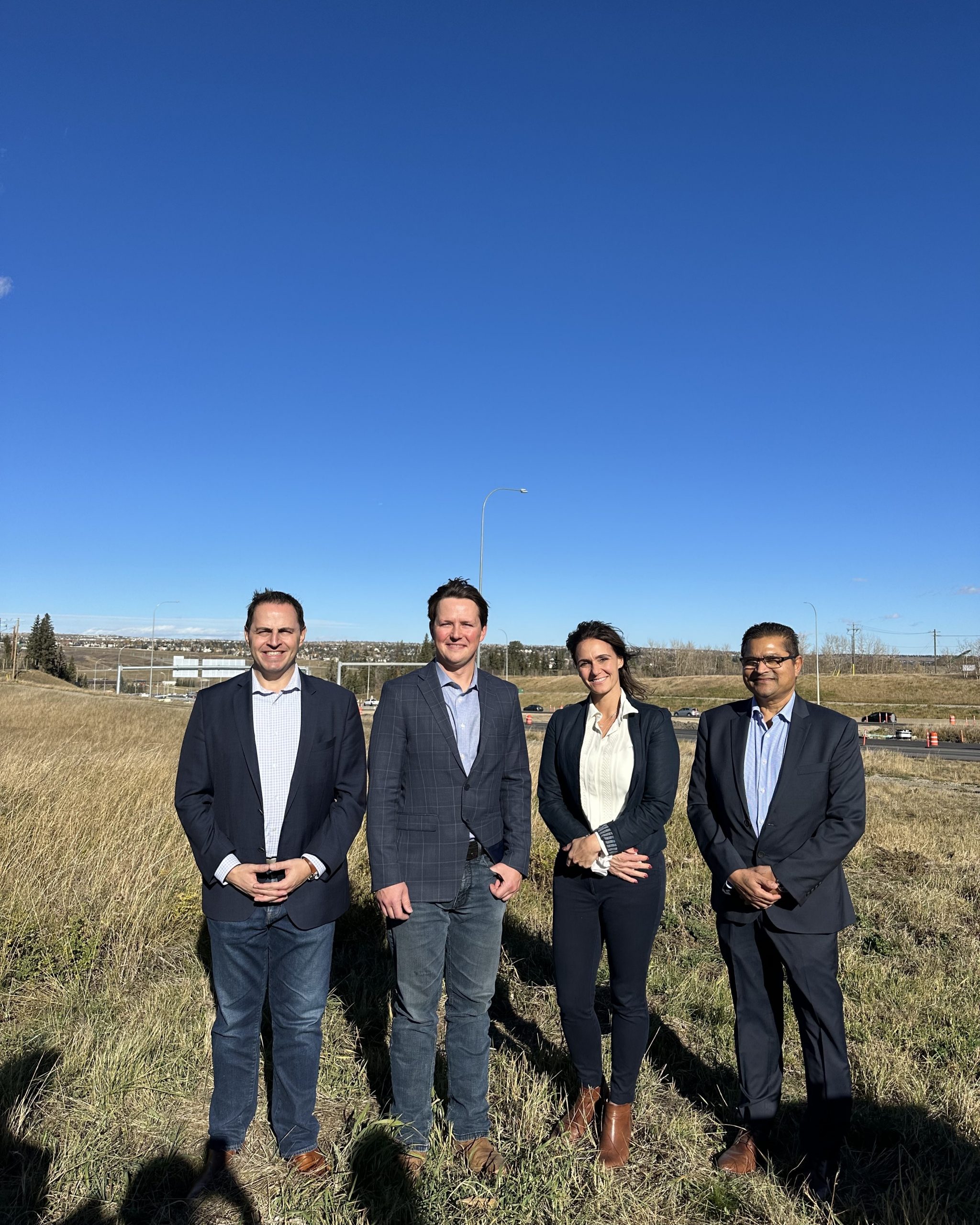 MLA for Calgary-Bow Demetrios Nicolaides, Minister of Transportation Devin Dreeshen, Ward 1 Councillor Sonya Sharp, and MLA for Calgary-East Peter Singh at the Ring Road announcement. 
