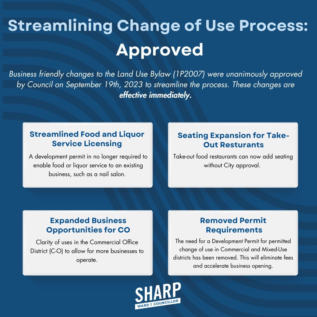 Streamlining change of use process: approved. Streamlined food and liquor service licencing, seating expansion for take-out restaurants, expanded business opportunities for CO, removed permit requirements.