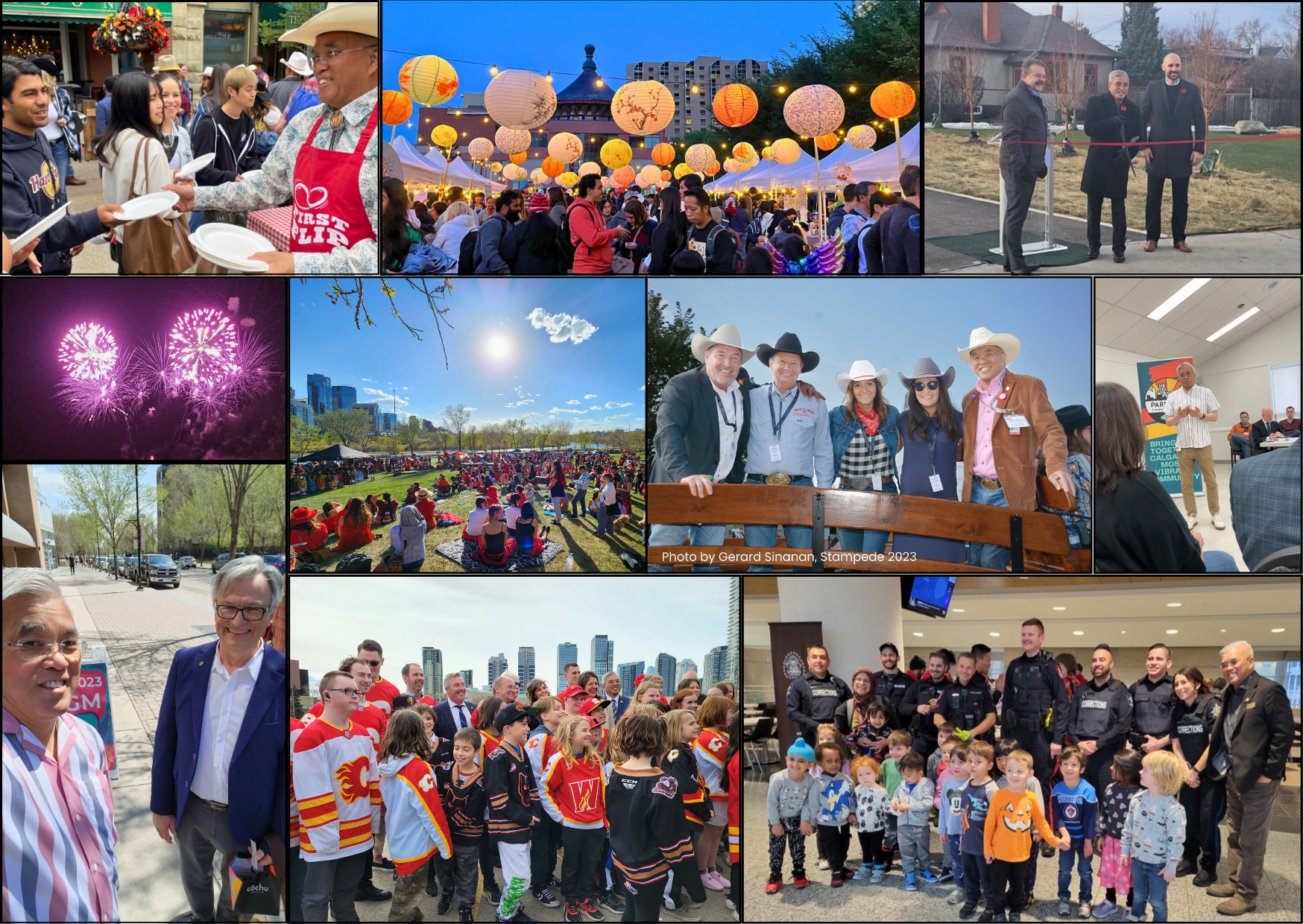A collection of photos from the 2023 Calendar year, ranging from Cllr Wong handing out plates at stampede, the Calgary Tower, park openings, festivals, and event centre announcements 
