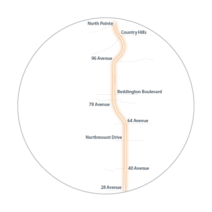 Map of North Central Bus Rapid Transit route from North Pointe to 28 Avenue