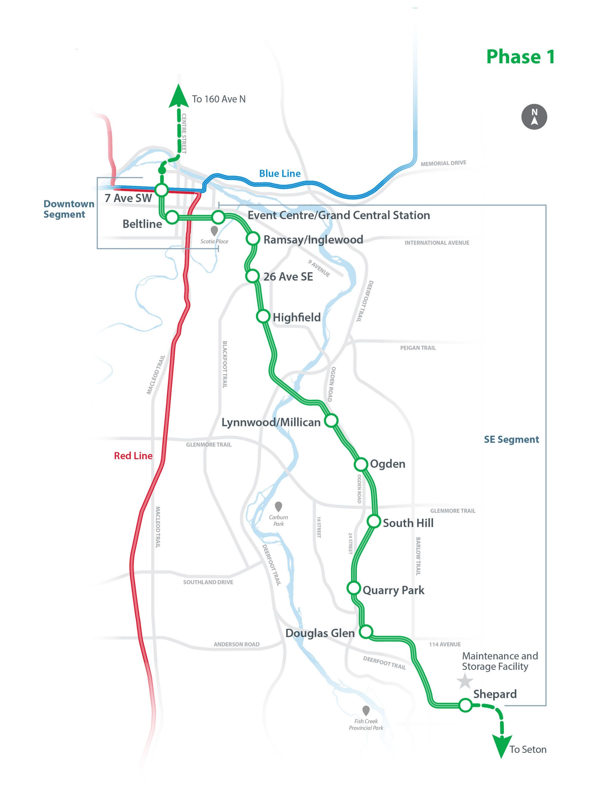 Map showing Phase 1 of the Green Line, Shepard to Downtown.