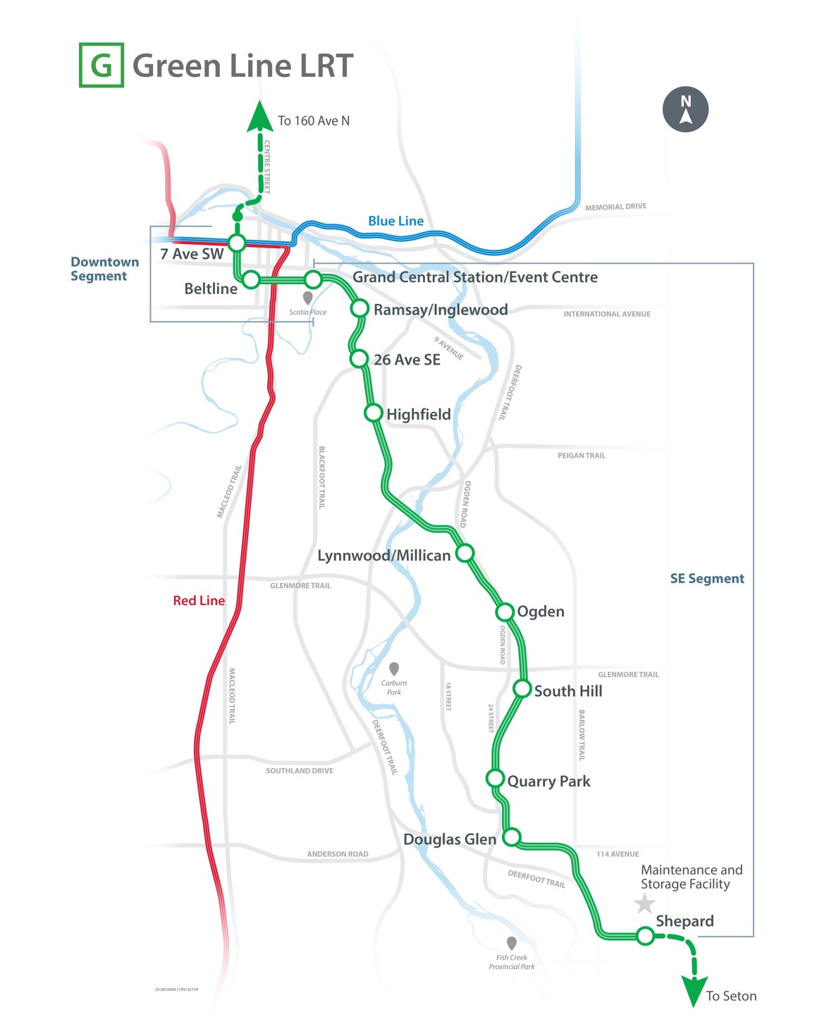 Map of Green Line showing SE Segment and Downtown Segment.