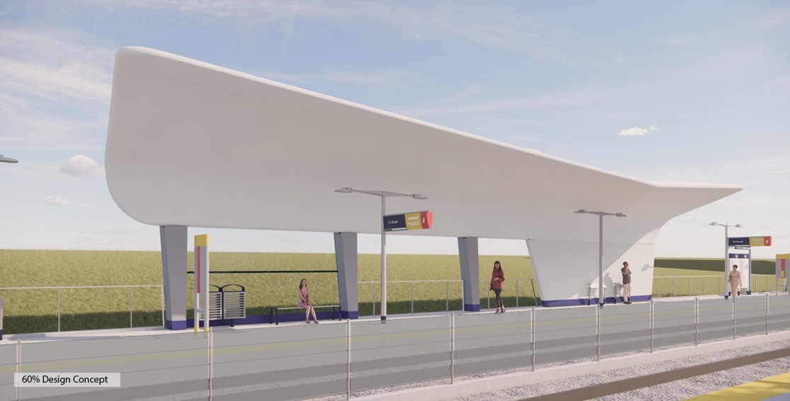 Rendering of a ground-level station canopy at 30% design.