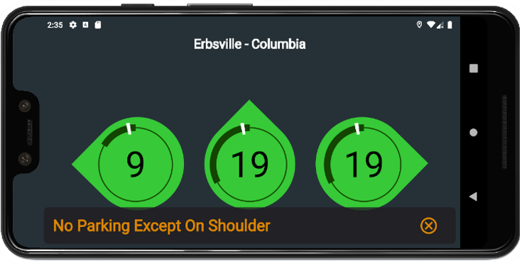 This image shows what a user would see as they approach an intersection. Each bubble shows the remaining time left on the green light for that direction. The marker and border show the speed needed to arrive at the intersection with a green light, giving drivers information to save gas. The yellow message at the bottom may display warning information such as a collision ahead, or information such as no parking allowed.