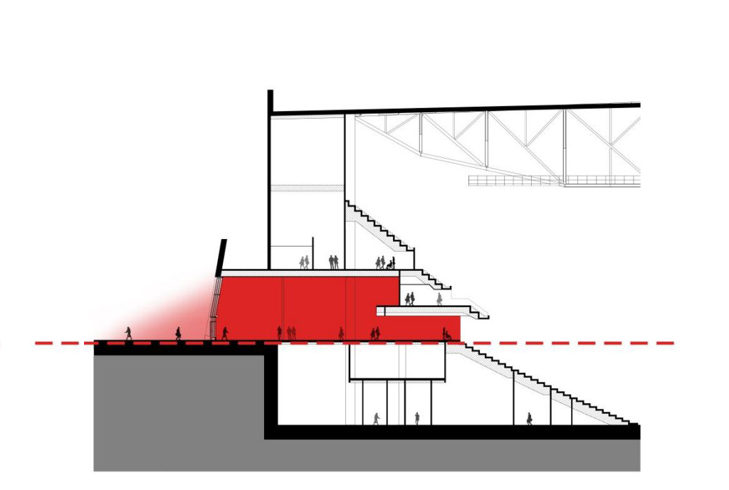 slice cut of the Scotia Placde and a red line indicating the concourse is at ground level
