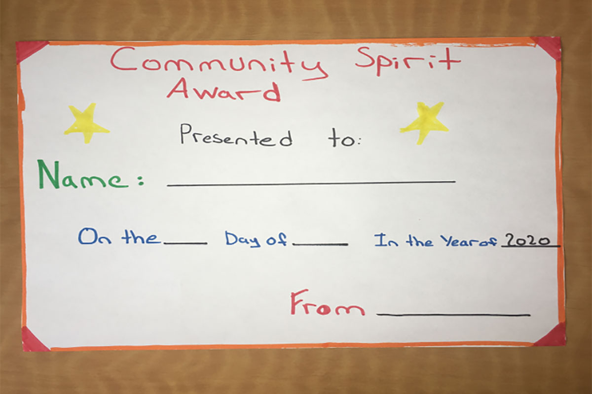Community Spirit Award Presented to (recipient name) on the (blank) day of (blank) in the year of 2020. From: (your name)