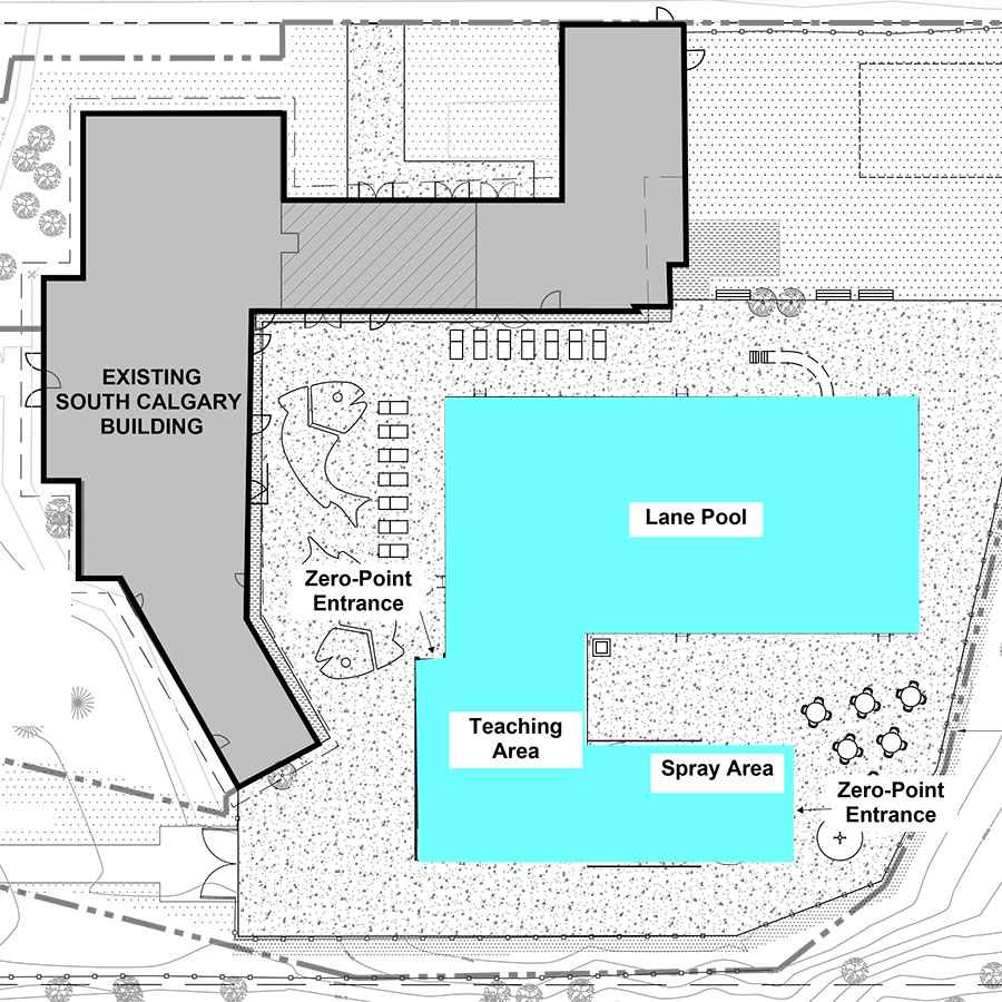 Updated design plan with new Lane Pool, Teaching Area and Spray Area southeast of the existing South Calgary Building