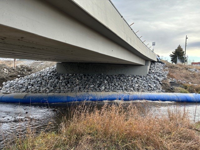 Slope protection work currently underway on the Beaverdam Road Bridge