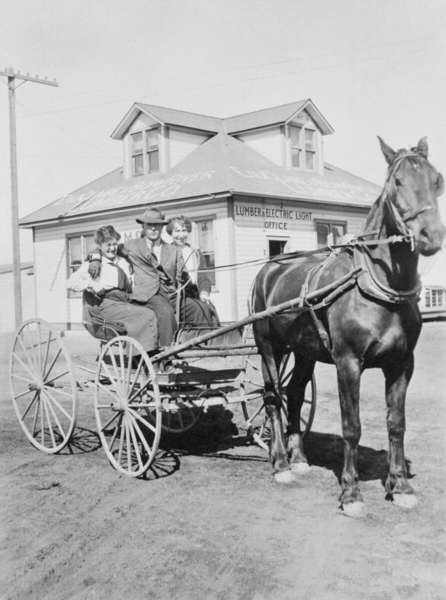 Attribution "Group in horse-drawn carriage outside Eau Claire and Bow River Lumber and Electric Light Company office, Calgary, Alberta.", [ca. 1890s], (CU1109695) by Unknown. Courtesy of Libraries and Cultural Resources Digital Collections, University of Calgary.