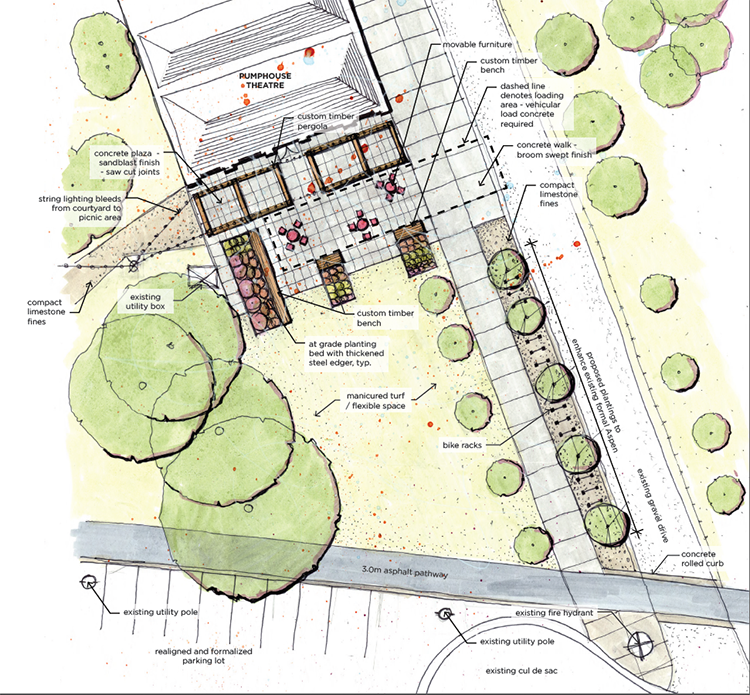 Rendering of the pumphouse theatre courtyard - click to download PDF