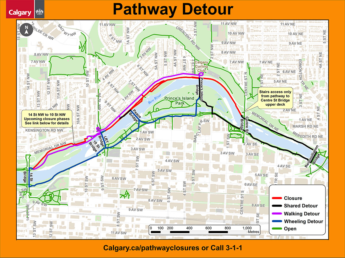 Map of pathway closures along Memorial Drive