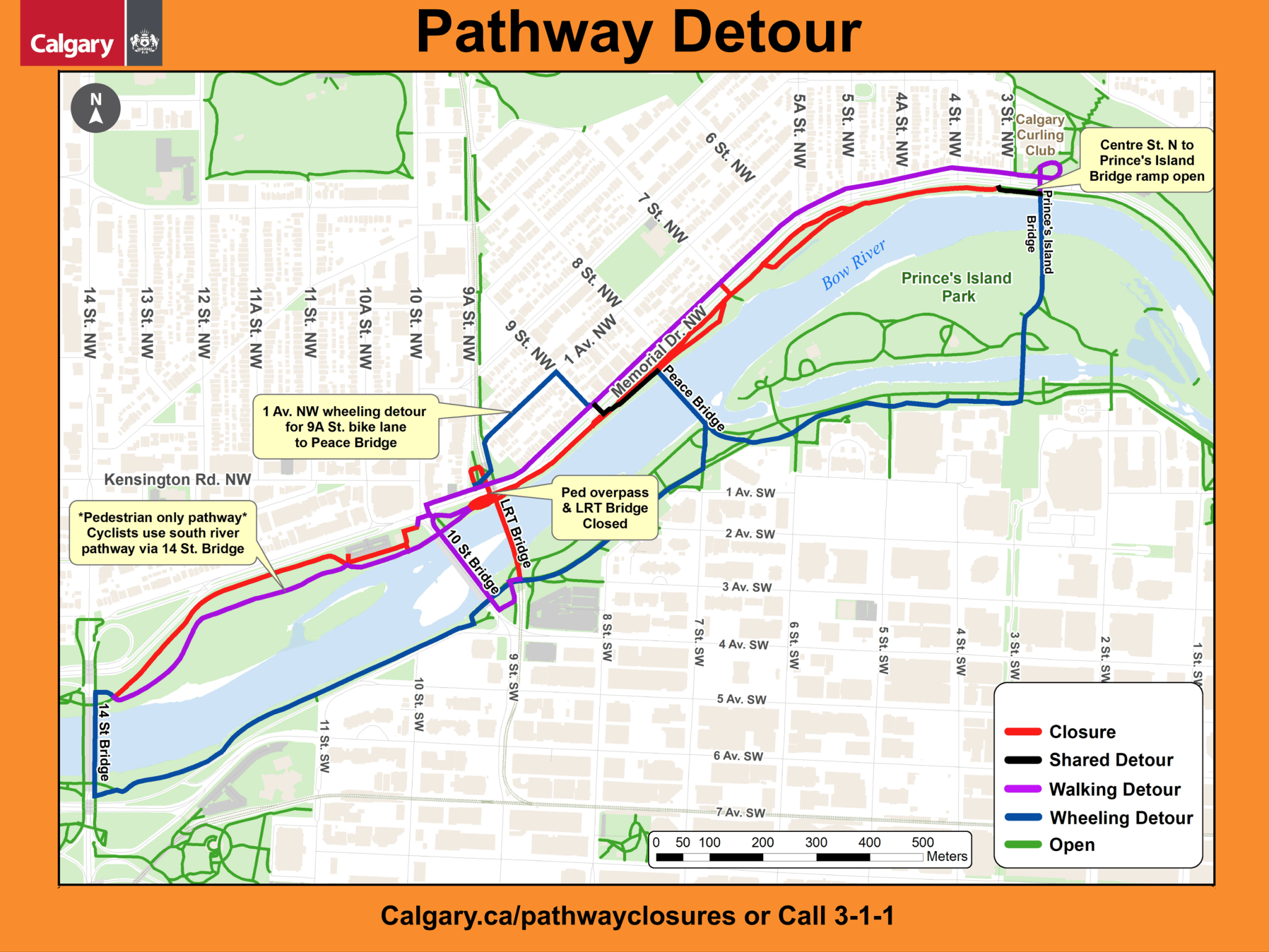 Map of pathway closures along Memorial Drive