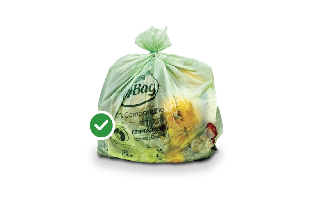 A compostable bag example, filled with compostable waste.