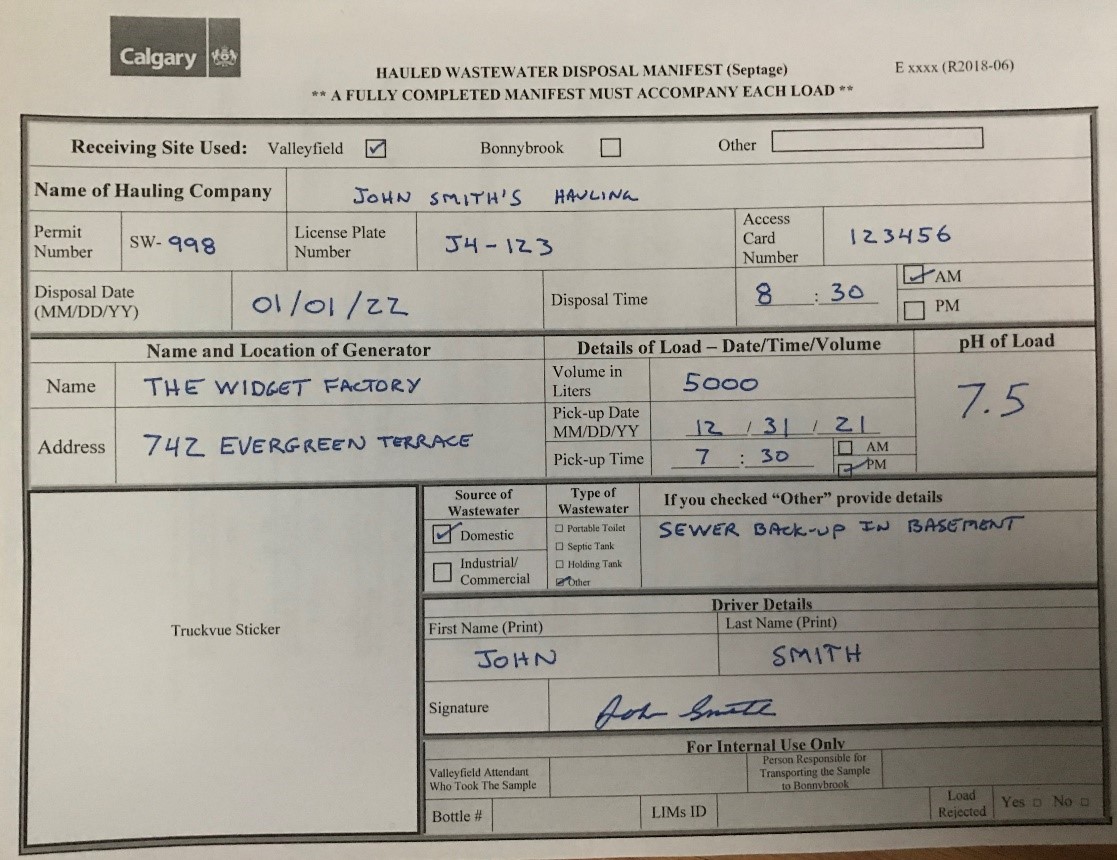 Sample Septage Manifest