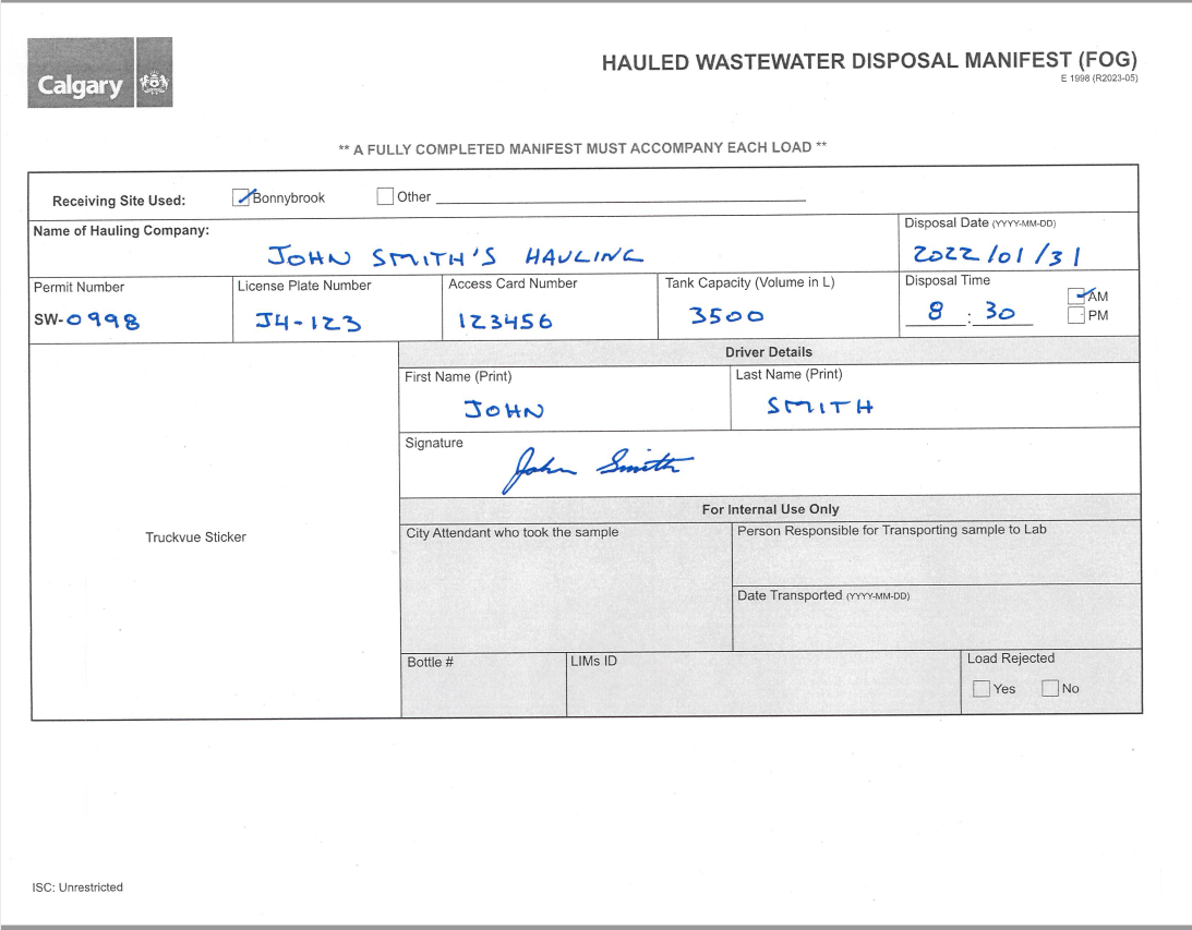 Sample Septage Manifest