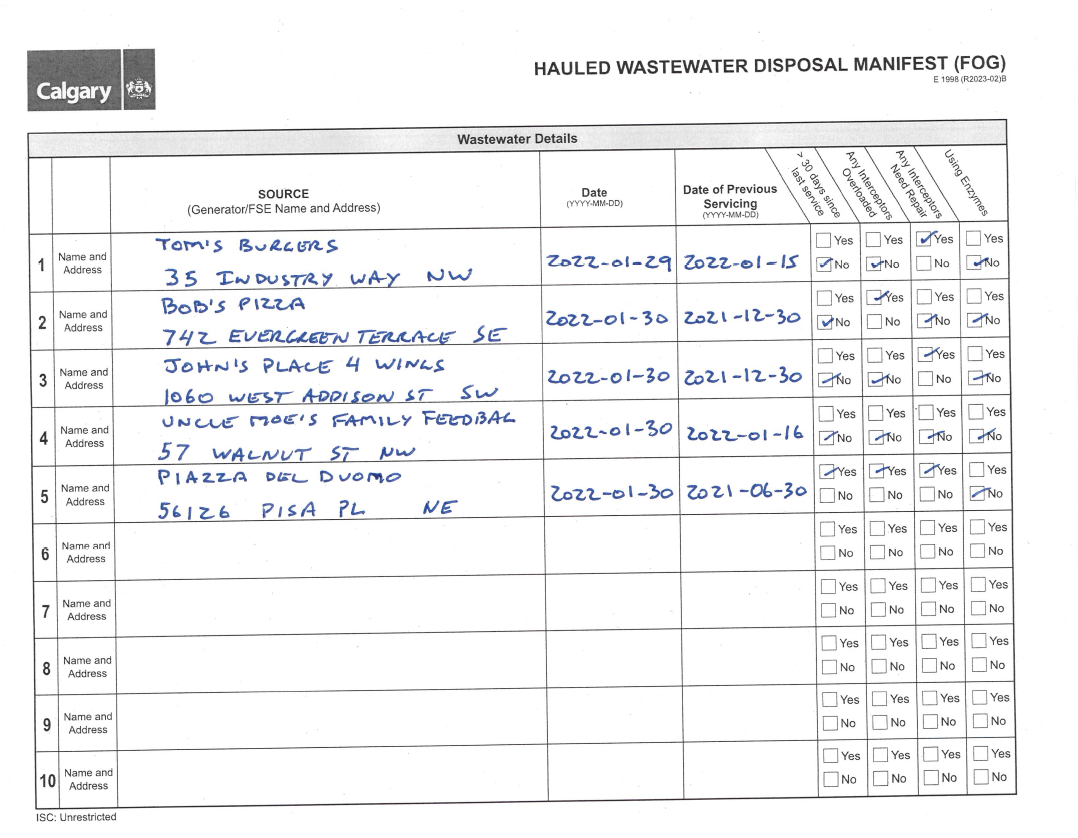 Sample Septage Manifest