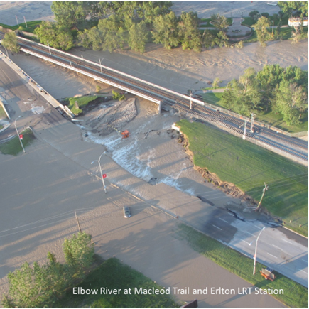 An image of flooding the Elbow River at Macleod Trail and Erlton train station